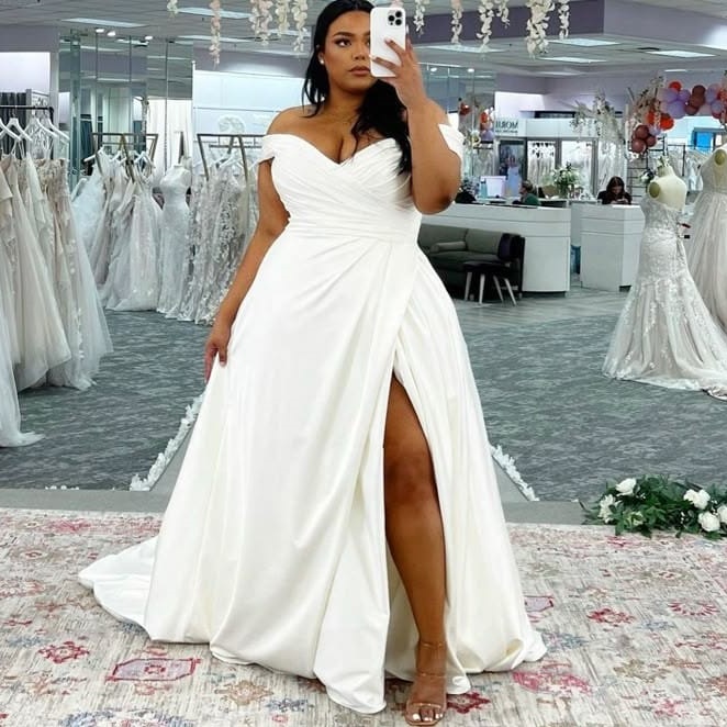 Custom Made Plus Size a Line Wedding Dresses for Bride Off the Shoulder  Side Split Satin Wedding Reception Bridal Gowns| Alibaba.com
