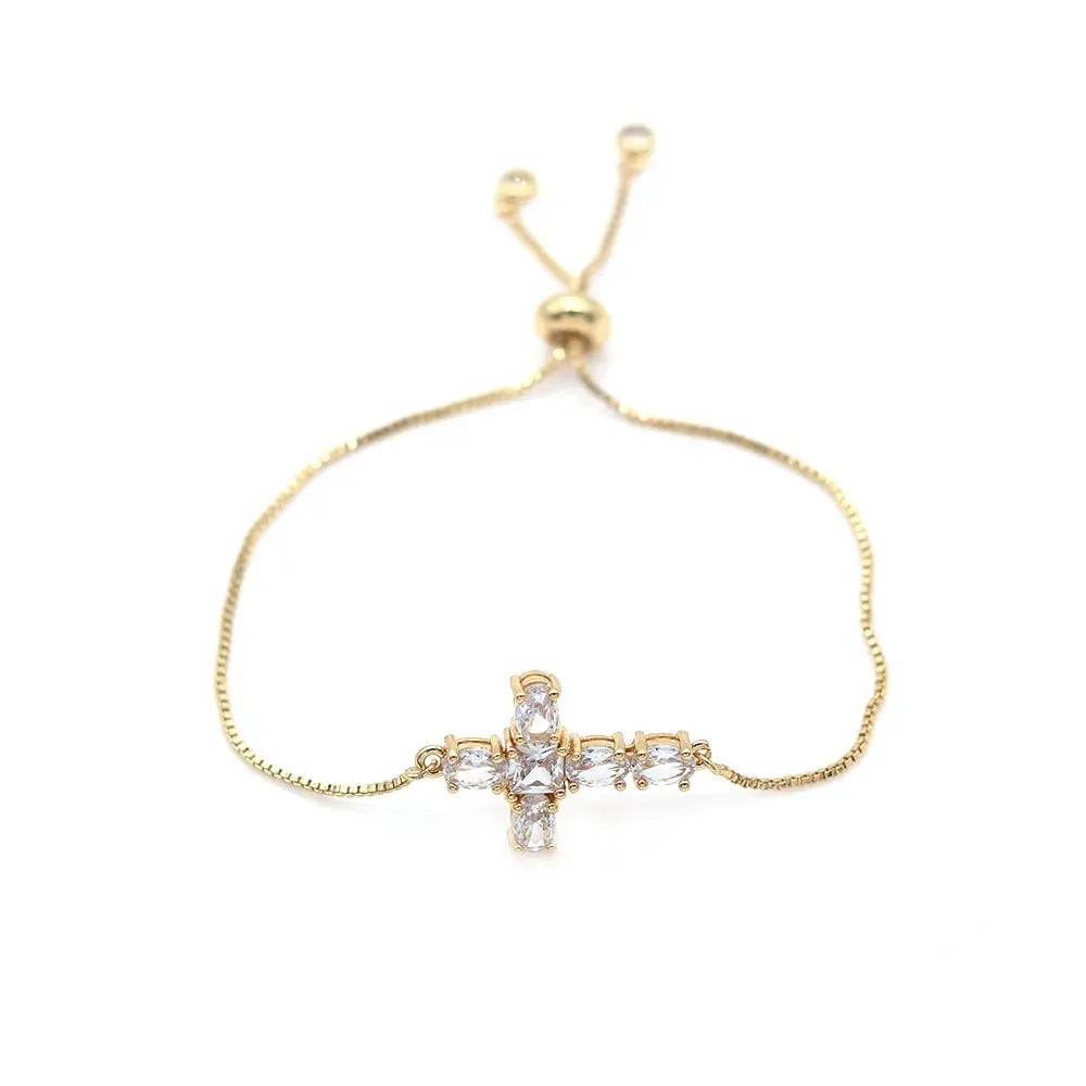 Pulsera con colgante de Cruz de circonita cúbica con encanto de moda, pulsera ajustable religiosa con placa de oro de 18 quilates para niña