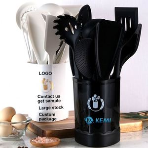 Kaimi – Ensemble d'ustensiles de cuisine 13 pièces en 1 avec manche en bois, antiadhésif, couteau de chef, ustensiles de cuisson en silicone et support de rangement - Product Image 1