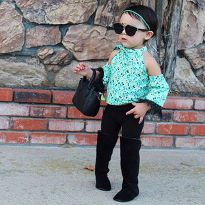 Infants Set Baby Sexy Wholesale Clothes Girls Denim Jeans Pants Suit With Floral Top for Summer - Product Image 2