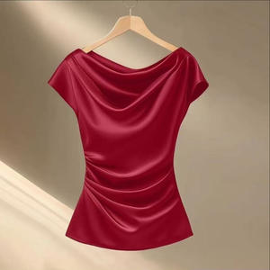 Women's Satin Cowl Neck Ruched <b>Top</b> - Cap Sleeve Fitted Blouse Womens Clothes Shirt Fashion - Product Image 1