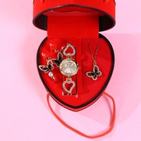 Ensemble de bijoux montre en quartz et strass Wisteria, boucles d'oreilles, collier, bague, coffret cadeau cœur d'amour, cadeau pour la Saint-Valentin, cadeau d'anniversaire