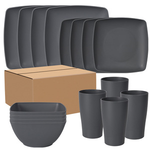 Hot Selling 16Pcs Disposable Plastic Dinnerware <b>Set</b> <b>Square</b> Steak Plate and Salad Bowl with Fruit Pattern Wheat Straw Design - Product Image 3