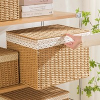 Boîte de rangement domestique garde-robe vêtements divers boîte de rangement rotin paille tissé japonais tissé panier de rangement avec couvercle