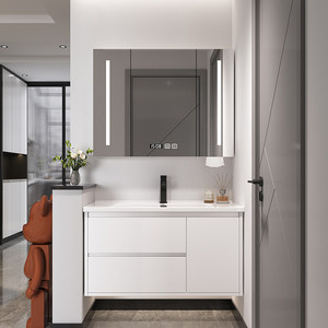 Mueble de Baño Moderno Minimalista de Pared con Lavabo de Cerámica Integrado, Espejo LED Inteligente y Almacenamiento con Múltiples Cajones para Contemporáneo - Product Image 6