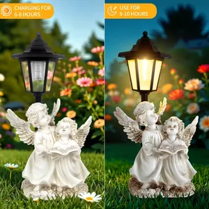 Vente en gros de statue d'ange double en résine à énergie solaire avec lumière vintage, décoration de jardin extérieur pour Pathway Yard Festival - Product Image 3
