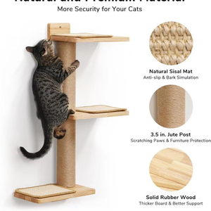 Escalier mural pour chat à 2 niveaux en bois naturel, durable, motif solide, avec tapis en sisal remplaçable, marches de observation, mobilier pour animaux de compagnie peu encombrant - Product Image 5