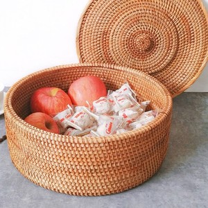 Sustainable Rattan Round <b>Storage</b> Box with Cover Handcrafted Woven Basket for Restaurant Table and Hotel Service - Product Image 1