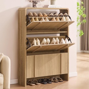 Meuble à <span class=keywords><strong>chaussures</strong></span> autoportant en chêne naturel cannelé avec 3 tiroirs basculants et étagère réglable pour entrée et couloir - Product Image 1