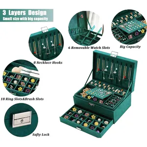 2024 New Green 3-Layer Flannel Jewelry Organizer Box Necklaces Ring Display Large Capacity Velvet Jewelry Storage Box With Lock