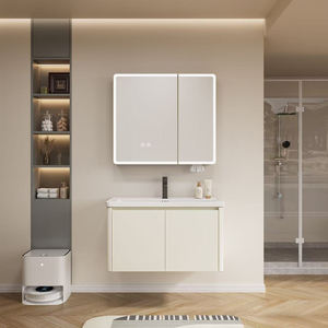 Mueble de Baño Flotante con Espejo y Gabinete de Pared Estilo <span class=keywords><strong>Crema</strong></span>, Combinación de Acero Inoxidable con Lavabo y Cajones - Product Image 3
