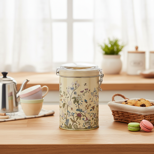 Pastel Yellow 1.1L Metal Food <b>Storage</b> <b>Box</b> Ø105x150mm round with Wire Clasp and Transparent <b>Floral</b> Design Lid - Product Image 3