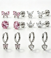 Juego de Aretes de Aro de Acero Inoxidable con Baño de Oro y Circonitas, Diseño de Mariposa, Corazón y Flor, Joyería para Piercing de Cartílago, Regalo para Mujer
