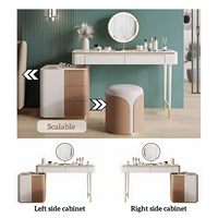 Bureau de toilette moderne blanc avec armoire latérale mobile et miroir LED rond, table de maquillage à 2 tiroirs pour chambre à coucher.