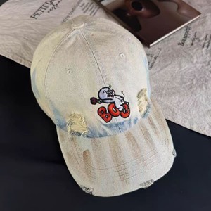 Distressed Washed Gradient Ripped Cartoon Embroidered PVC Denim Duckbill Baseball <strong>Cap</strong> - Product Image 1