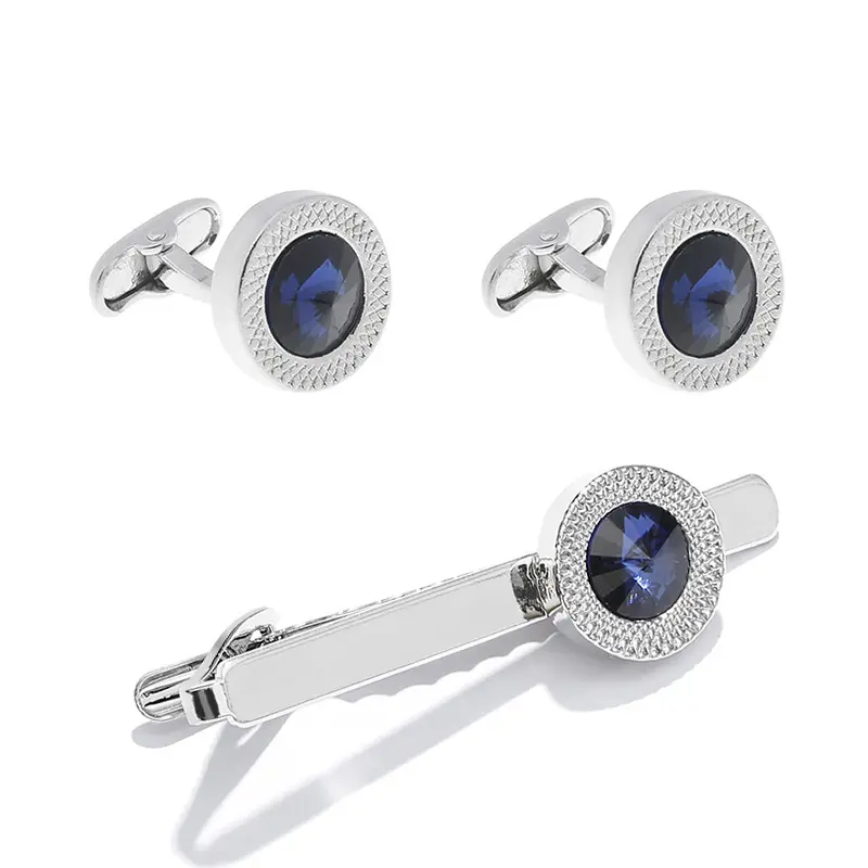 2023 Set di fermacravatte per gemelli in cristallo blu Vintage per accessori per gioielli da sposa per feste da uomo regalo