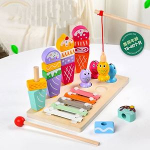 Jeu de pêche magnétique 3 en 1, crème glacée, friandises, jeu d'imitation, nourriture, plateau en bois avec cartes - Product Image 2