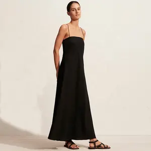 ENYA OEM Women Summer Linen Backless Bias Column Dress Spaghetti Straps Slim Skirt Solid Color Formal Travel Sexy Wear