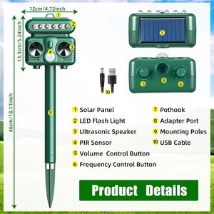 Détection de mouvement répulsif pour animaux d'extérieur solaire à ultrasons Lumière stroboscopique LED Dispositif de dissuasion solide pour cerfs Pièges à parasites pour chiens - Product Image 2