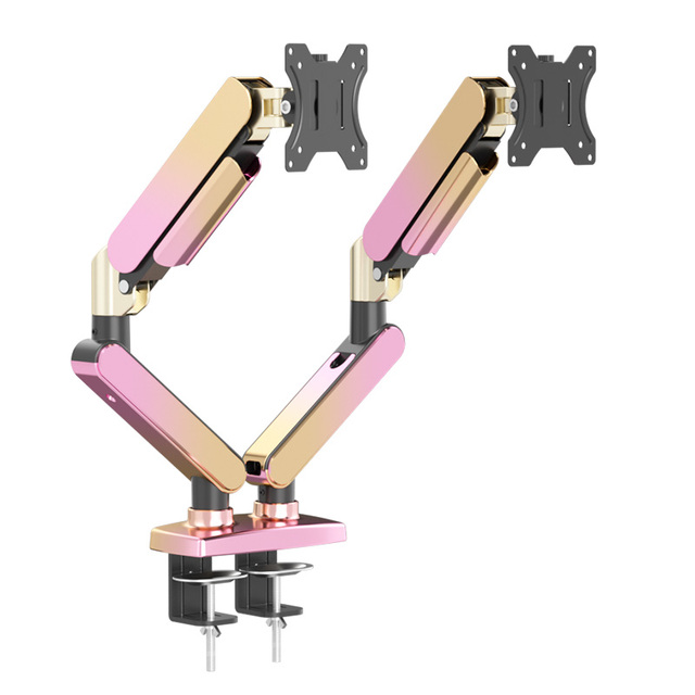 32 Inch Gas Spring Dual Monitor Mount with Aluminum Alloy Arm and ABS Plastic Base, Gold Pink Gradient, Factory Manufacturer