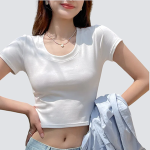 I grossisti <span class=keywords><strong>Online</strong></span> offrono una semplice maglietta Casual da <span class=keywords><strong>donna</strong></span> a maniche corte a girocollo tinta unita di base a maniche corte in stile americano lavorata a maglia - Product Image 1