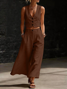 2026 New Women's Old Money Style Linen Blend Two Piece Set S-2XL V Neck Crop Vest + High Waist Wide Leg <strong>Pants</strong> Casual Loungewear - Product Image 3