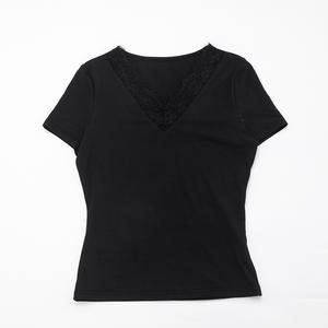 Viviblook Y26TP003 Camiseta Casual para Mujer, Nueva, Elegante, con Encaje, Cuello Pequeño, Cintura Ajustada, Color Sólido, Manga Corta - Product Image 6