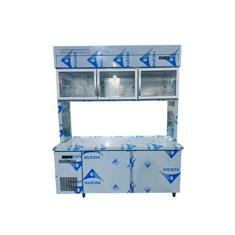 Commercial Combination Refrigerator Cabinet with Upper Glass Doors and Lower Stainless Steel Worktable Double-Door Fridge