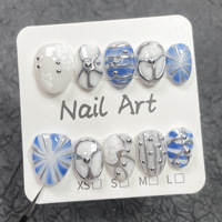 Faux ongles courts en acrylique foncés faits à la main, motif œil de chat bleu, lune et étoile, chrome liquide métallique argenté 3D, style gothique réutilisable