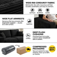 Canapé sectionnel compressé direct usine, en velours côtelé noir à larges côtes, assise profonde, coussin moelleux, mobilier de maison moderne et minimaliste