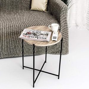 New <b>Round</b> Folding <b>Side</b> <b>Table</b> With Wooden Top and Black Powder Coated Metal Frame Vintage Coffee <b>Table</b> for Living Room Kitchen - Product Image 5