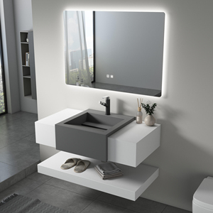 Ensemble de meubles-lavabos de salle de bain mural en pierre frittée haut de gamme personnalisé avec vasque intégrée et miroir LED pour projets hôteliers et d'appartements - Product Image 4