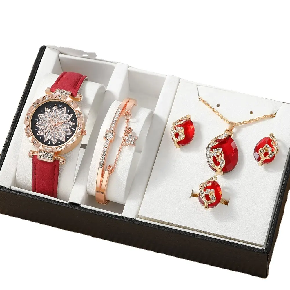 OEM Delicate Ladies 4pcs Jewelry Set Rhinestone Women Watch Bracelet Necklace Earring Ring For Women