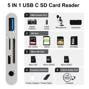 Multi Slot ad alta velocità di tipo C USB C TF/SD lettore di schede di memoria <span class=keywords><strong>5</strong></span> in 1 OTG AUX Audio Jack adattatore <span class=keywords><strong>Flash</strong></span> Drive Splitter cavo - Product Image 4