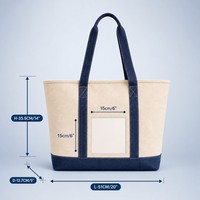 Sac fourre-tout en toile crème personnalisé avec bordure bleu marine, poche avant transparente, réutilisable, robuste, pour les courses