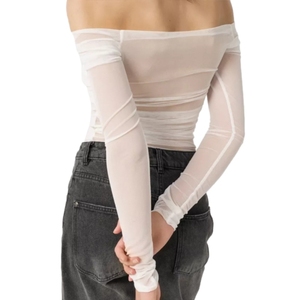 เสื้อครอปซีทรูผ้าตาข่ายจีบระบายไหล่เฉียงสำหรับผู้หญิงแฟชั่นฤดูร้อน - Product Image 2