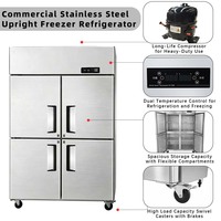 Refrigerador/Congelador Vertical Industrial de Acero Inoxidable de Doble Temperatura y 4 Puertas para Cocina de Restaurante