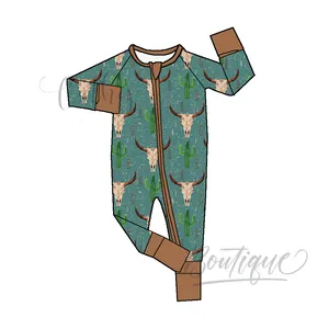 OEM/ODM农场动物拼布竹制婴儿服装95% 竹5% 氨纶双向拉链睡衣