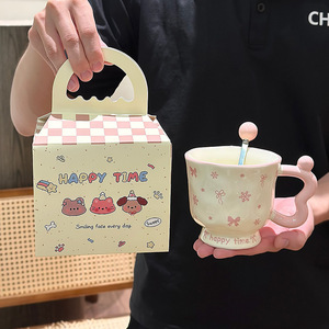 Ceramic Mug With Handle And Spoon Cartoon Pattern Happy Time Design For Gift Occasion Single Cup Spring 2025 - Product Image 3