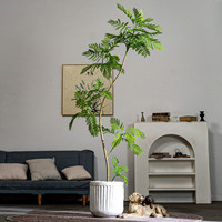 Arbre artificiel de designer Mimosa Albizia, feuillage plumeux, grand modèle d'intérieur, pot blanc côtelé, décoration contemporaine, vente en gros