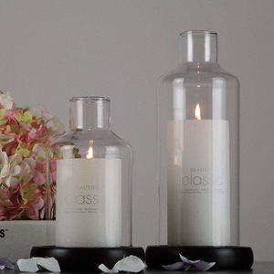 パーティーや結婚式、キャンドルライトディナー用のブラックウッドベースガラスシールド付きミドルサイズシリンダーキャンドルチムニー - Product Image 4