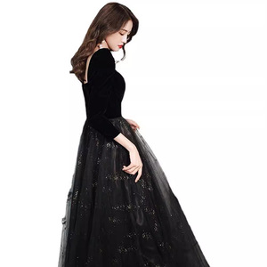 Women's Black Velvet Evening Dress Sweetheart Neckline Long Sleeve A-Line Empire Waist Formal Party Host Art Exam Dress - Product Image 5