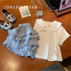Tongxingyuan Girls Summer Two Piece Set Cotton Striped Shorts White T Shirt Kids Outfit - Product Image 1