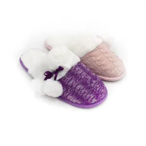 Vrouwen Zachte Pluizige Kabel Gebreide Faux Bontkraag Memory Foam Zool Huis Slippers Schoenen