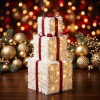 Ensemble de 3 boîtes cadeaux lumineuses LED de Noël, en tissu pelucheux blanc, ornements lumineux, lumière chaude pour la décoration de la maison et des fêtes
