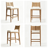 Tabouret de comptoir en bois de frêne Japandi Wabi-Sabi |   Dossier en corde tressée à la main |   Siège rembourré en lin Off-White |   Bar à domicile stable