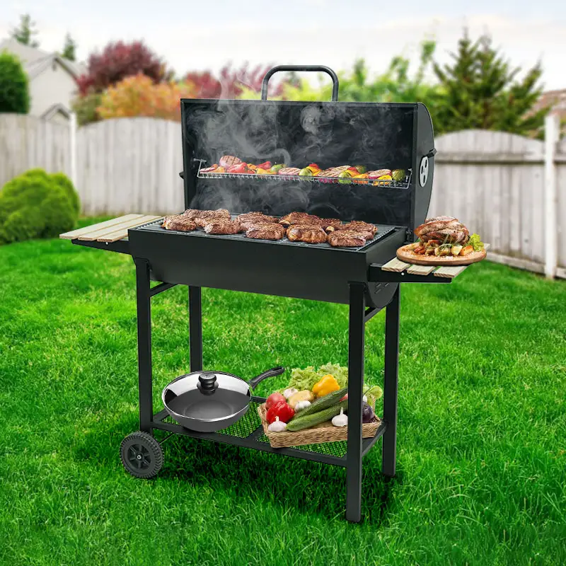 Heavy Duty Garden Trolley Barrel Barbeque Grill Outdoor Charcoal Bbq Smoker Barbecue Grill With 2 Side Table