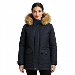 Winter Woolen Parka <b>Fur</b> <b>Trim</b> Hood Thick Warm Coat Full Sleeve Solid Color Zipper Closure Casual Outerwear Polyester High Quality - Product Image 2