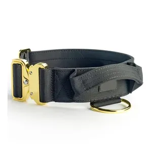 Padded Tactical K9 Dog Collar with Handle 5cm Adjustable Nylon Combat Dog Training Collar Gold Metal Buckle Pet Collars for Dogs