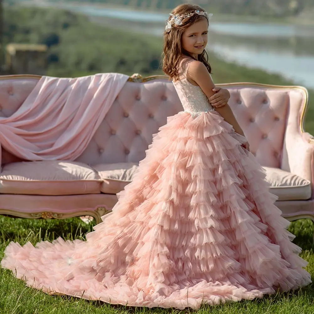 2022 kids New style pink layered prom dress lovely girls dresses